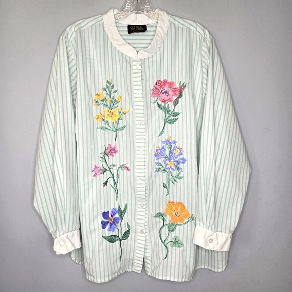 Bob Mackie Tops - Bob Mackie Wearable Art Button Down Tunic Top Embroidered Flowers Stripes 2X
